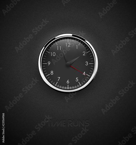 Realistic deep black round clock cut out on textured plastic dark background. Chrome stainless steel frame ring. White round scale and numbers under glass. Vector icon or ui screen interface element.