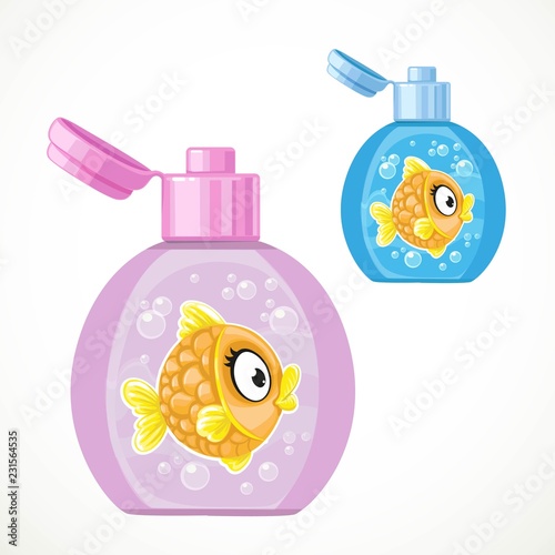 Bottle with baby shampoo or bathing foam in blue or pink versions isolated on white background