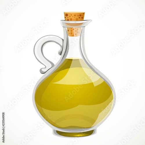Vegetable olive oil in a transparent bottle with a closed cork stopper isolated on a white background