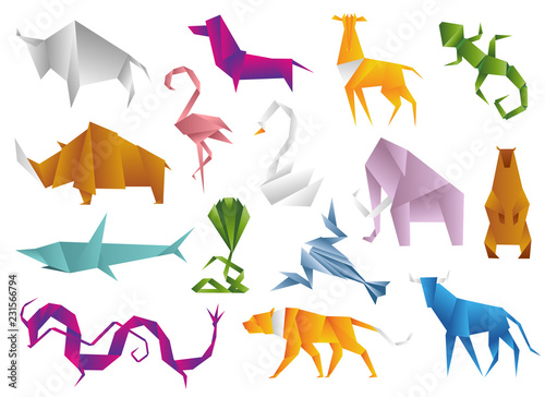 Animals origami set japanese folded modern wildlife hobby symbol creative decoration vector illustration.