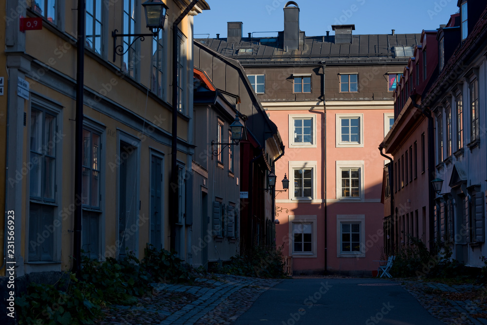 Houses and landmarks at Djurgården in Stockholm a sunny autumn morning