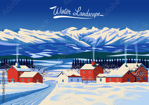 Winter rural landscape. Handmade drawing vector illustration. Pop art minimalist style. Retro poster. All objects are grouped and divided into layers. Flat design.