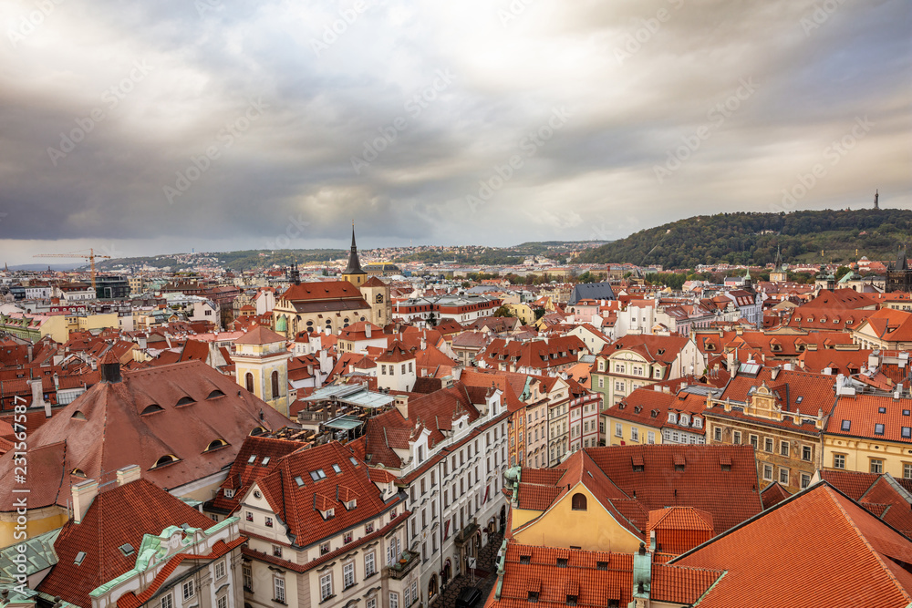 Obraz premium Aerial view of Prague from above, Czech Republic, cloudy day