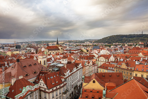 Aerial view of Prague from above, Czech Republic, cloudy day