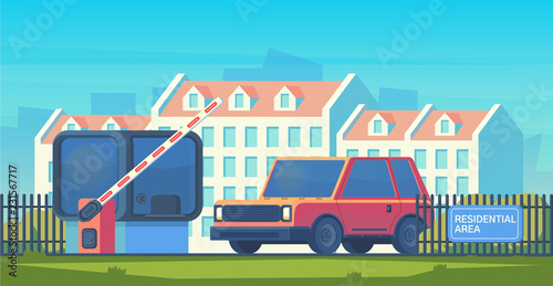 Entry through the barrier which is raised to pass the car. Toll gate with reception booth. Checkpoint to residential area. Vector flat style illustration.