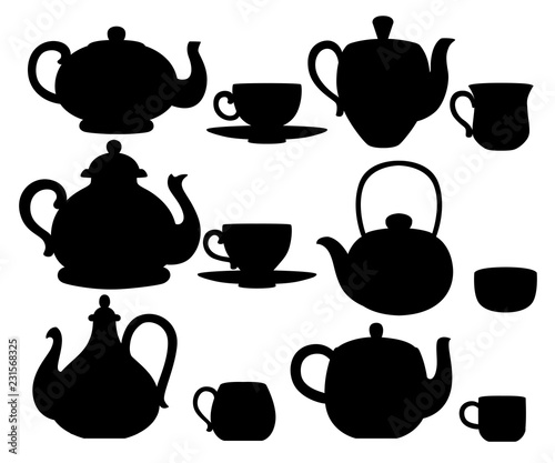 Black silhouette. Vector set of teapots and cups with cute patterns. Tea-set cartoon style design. Flat vector illustration on white background