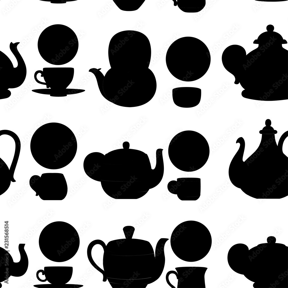 Seamless pattern. Black silhouette. Vector set of teapots and cups with ...