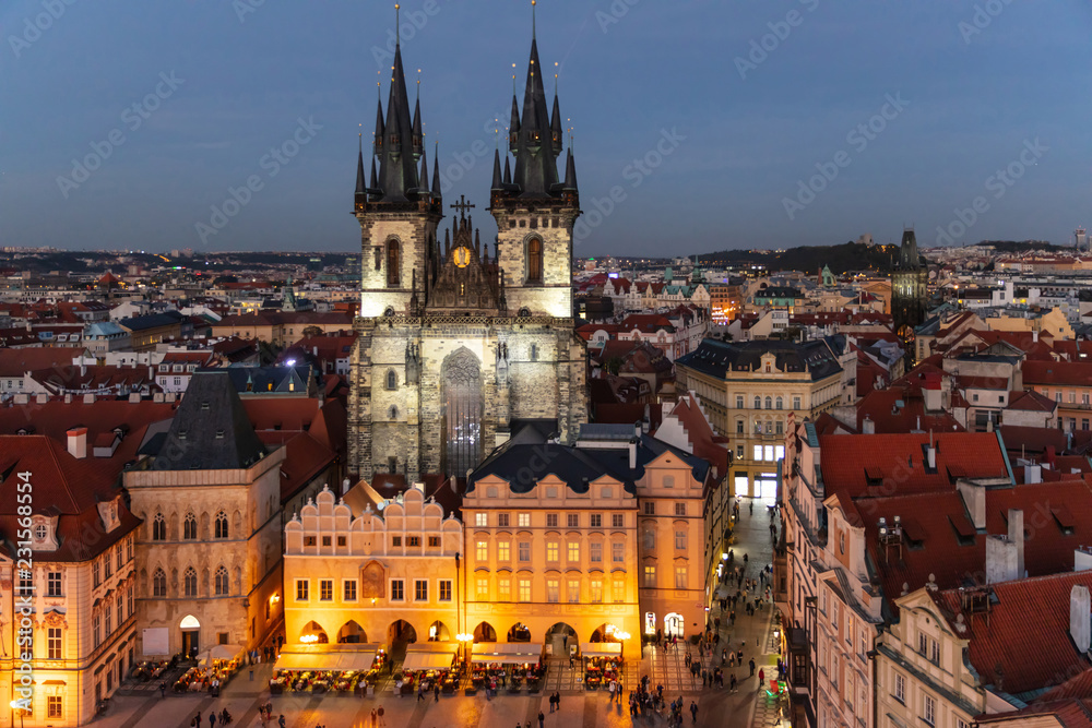 Church of Our Lady in Prague, aerial view, night lights, Czech Republic