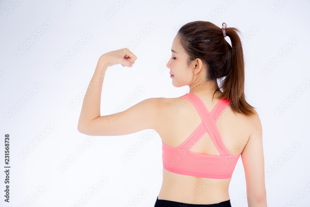 Back view beautiful portrait asian woman wear sport clothes have strong and muscle with health, girl show biceps with exercise for wellness isolated on white background, strength and fit concept. Back view beautiful portrait asian woman wear sport clothes have strong and muscle with health, girl show biceps with exercise for wellness isolated on white background, strength and fit concept.