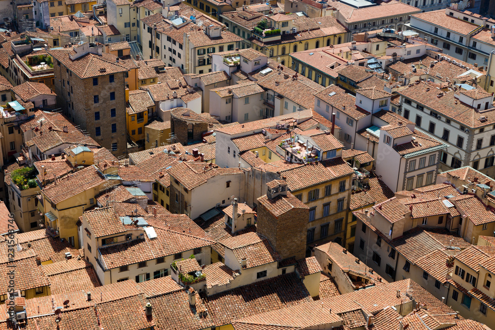 aerial view of roofs of the city