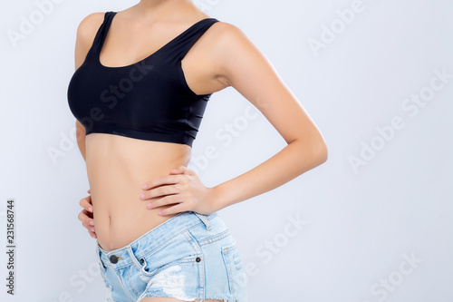 Closeup asian woman beautiful body diet with fit isolated on white background, model girl weight slim with cellulite or calories, health and wellness concept.