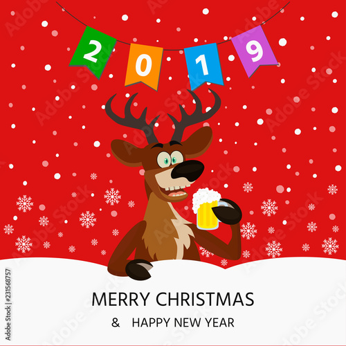 Merry Christmas card with cute funny reindeer with  beer glass on red  background with snowflakes. photo