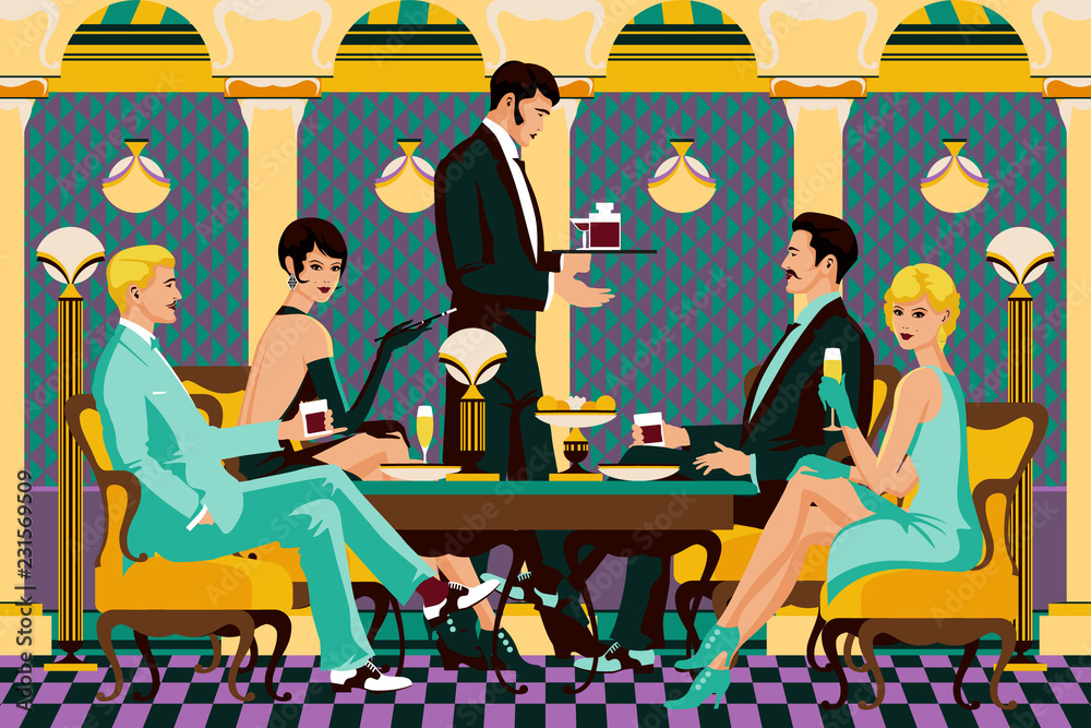A group of people in a restaurant of the early 20th century. Retro party invitation card. Handmade drawing vector illustration. Art Deco style. Flat design. A group of people in a restaurant of the early 20th century. Retro party invitation card. Handmade drawing vector illustration. Art Deco style. Flat design.