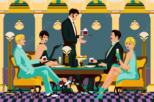 A group of people in a restaurant of the early 20th century. Retro party invitation card. Handmade drawing vector illustration. Art Deco style. Flat design.