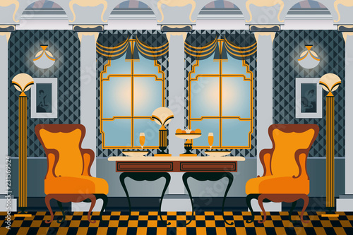 Home interior with chairs, table, columns, windows and pictures on the walls in the living room. Handmade drawing vector illustration. Retro furniture. The Art Deco Style. Flat Design.