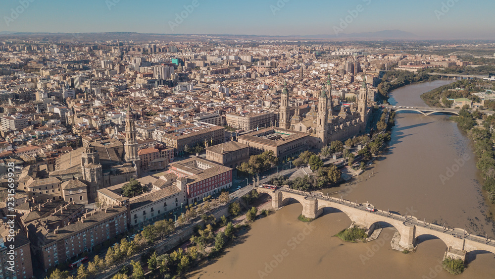 Cityscape of Zaragoza. Basilica of Our Lady of the Pillar. Aerial view