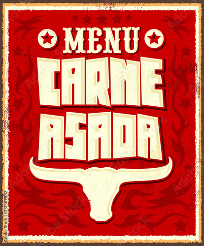 Carne asada, Grilled meat Barbecue spanish text, vector lettering icon design western style