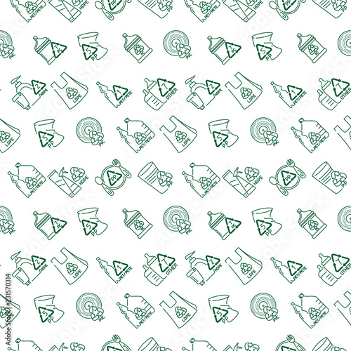 Seamless pattern with plastic products and markings. Linear style vector illustration. Suitable for wallpaper, wrapping or textile