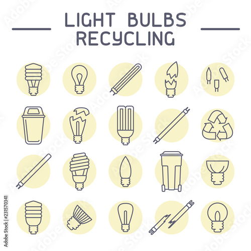 Light bulbs recycling icons set. Line style vector illustration