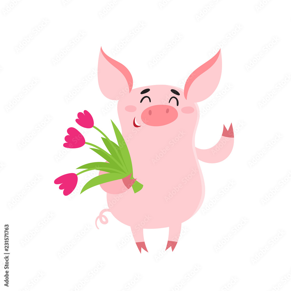 Cute pig girl with tulips flower isolated on white. Cute pig girl with tulips flower isolated on white.
