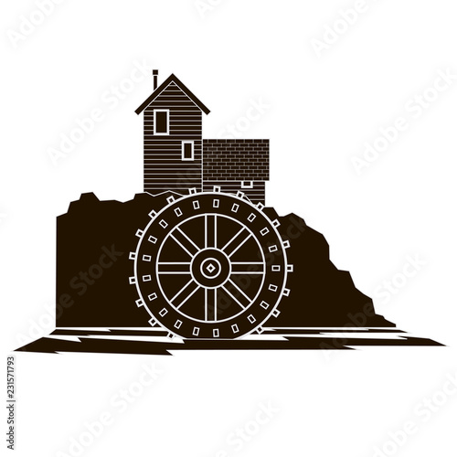 Graphic monocromaticwWater mill with reversed out details & wheel dipped in flowing river side view.