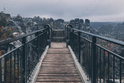 Bastei bridge in the elbsandstein mountains in autumn in perspective view