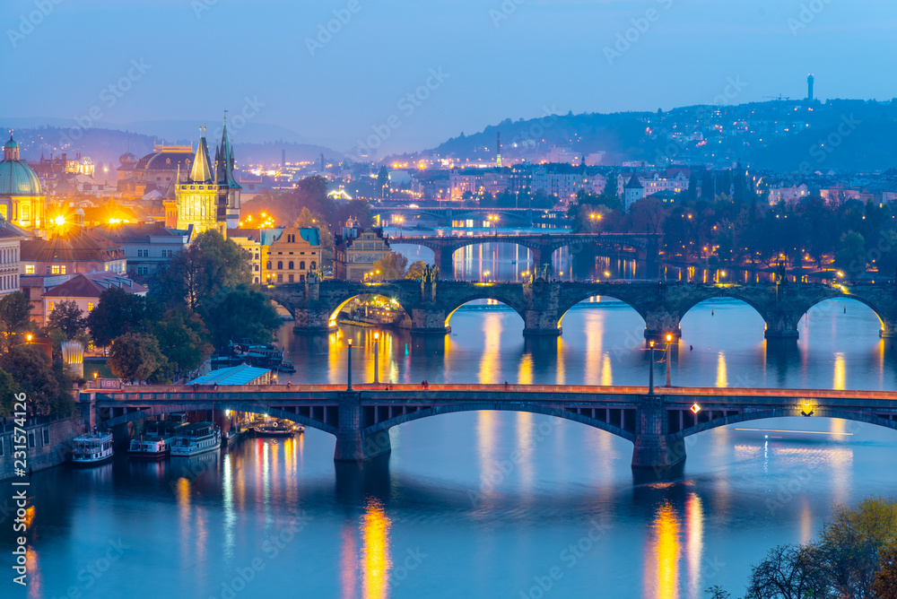 Prague bridges over Vltava River in the evening, Praha, Czech Republic.