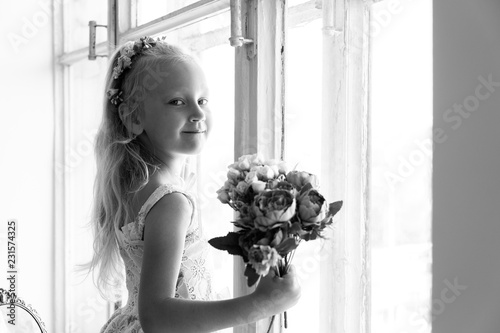 pretty girl kid black and white photo