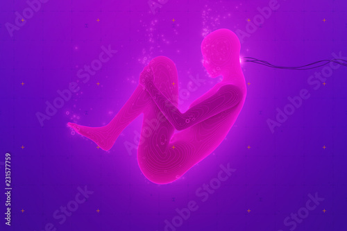 Vector futuristic cyberpunk human genesis background. Birth of artificial intelligence. Human cloning concept. Futuristic android creation process illustration. Mystical hi-tech bioengineering.