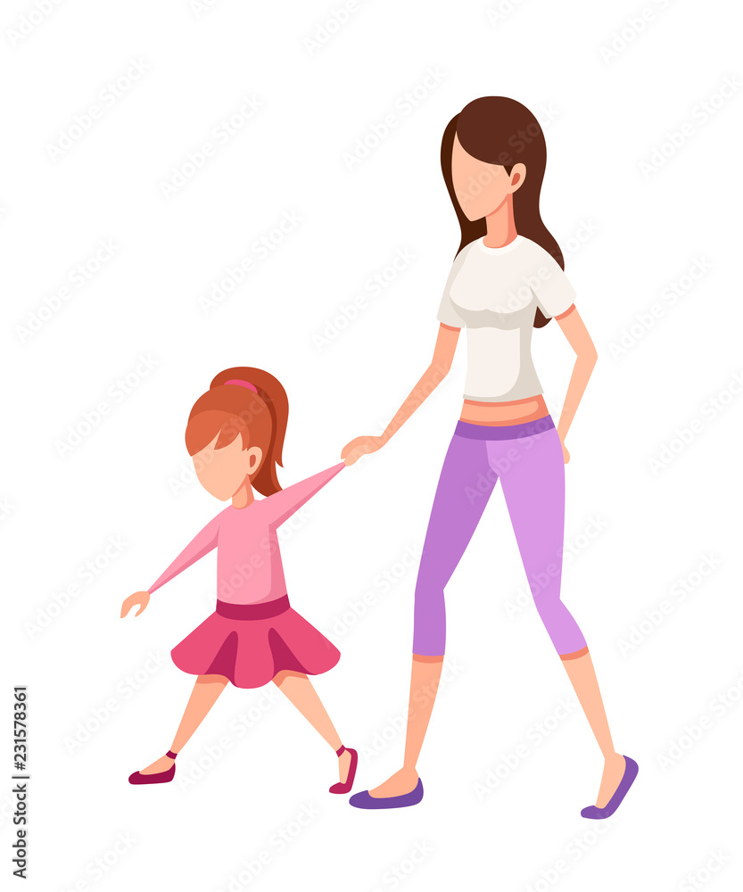 Mother and daughter. Girl walking with mom, holding hands. No face character design. Flat cartoon vector illustration isolated on white background Mother and daughter. Girl walking with mom, holding hands. No face character design. Flat cartoon vector illustration isolated on white background