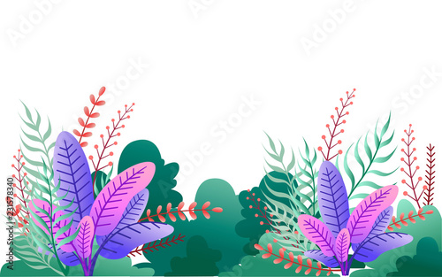 Green bushes and purple leaves. Floral garden illustration. Flat vector on white background