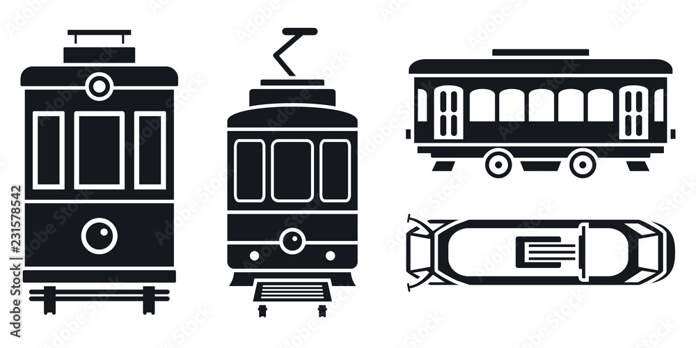 Obraz premium Zestaw ikon samochodów tramwajowych. Prosty zestaw tramwajowych samochodów wektorowych ikon do projektowania stron internetowych na białym tle