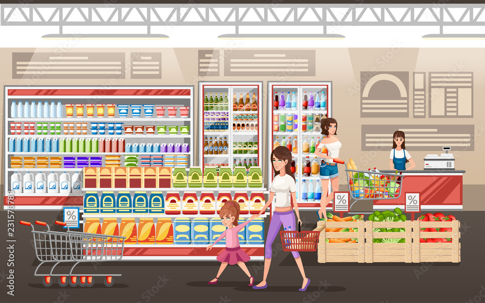 Supermarket illustration. People shopping in supermarket with product cart. Flat vector illustration. Shelves and refrigerators for products