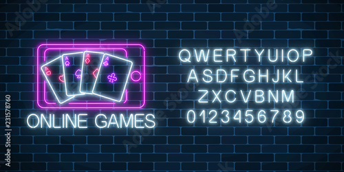Glowing neon sign of online games application in mobile device screen with alphabet. Casino bright signboard.