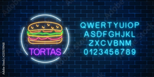 Neon glowing sign of tortas in circle frame with alphabet. Fastfood light billboard symbol. Cafe menu item.