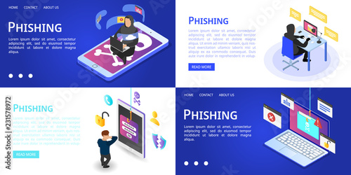 Phishing banner set. Isometric set of phishing vector banner for web design