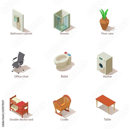 Student hostel icons set. Isometric set of 9 student hostel vector icons for web isolated on white background