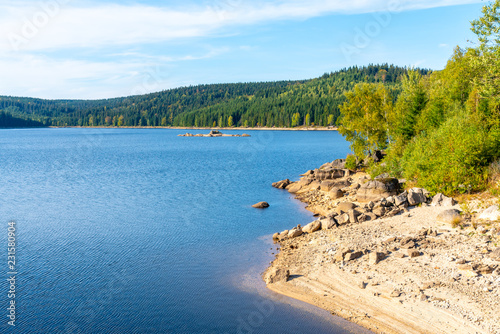 Mountain water reservoir Josefuv Dul, aka Josefodolska Dam, Jizera Mountains, Czech Republic. Sunny summer day. photo