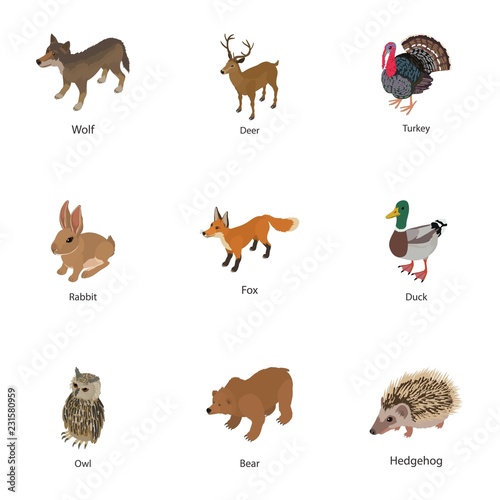 Small beast icons set. Isometric set of 9 small beast vector icons for web isolated on white background