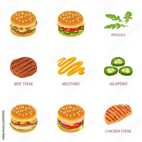 Roast mincemeat icons set. Isometric set of 9 roast mincemeat vector icons for web isolated on white background