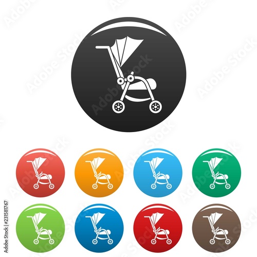 Baby pram icons set 9 color vector isolated on white for any design