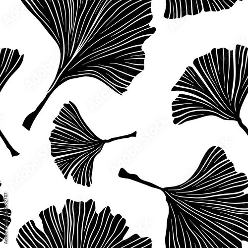 Ginkgo Biloba Plant Seamless Pattern, Large Black Leaves Silhouettes on White. Vector Monochrome Illustration. Ayurvedic Medicine Theme. Japanese Tree.