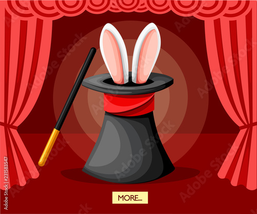 Big black magic hat with rabbit ears. Red curtains on stage. Magic wand. Flat vector illustration on red background