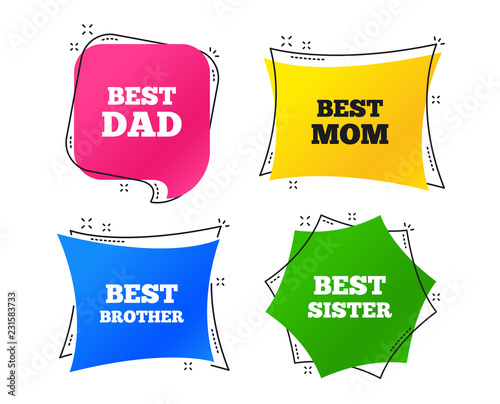 Best mom and dad, brother and sister icons. Award symbols. Geometric colorful tags. Banners with flat icons. Trendy design. Vector