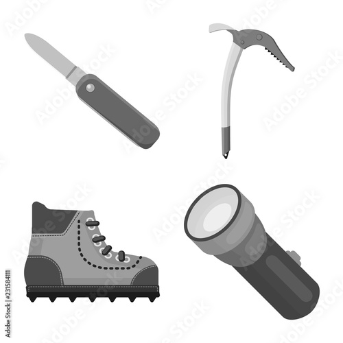Vector illustration of mountaineering and peak icon. Set of mountaineering and camp vector icon for stock.