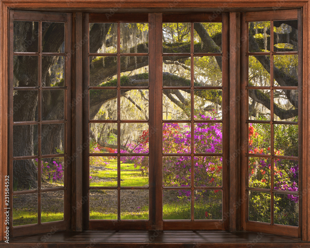 3d window view. Beautiful view of nature from the window. Stock