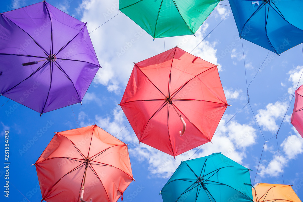Colorful umbrellas in the sky Colorful umbrellas in the sky