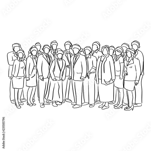 business people with santa hat vector illustration sketch doodle hand drawn with black lines isolated on white background. Teamwork business concept.