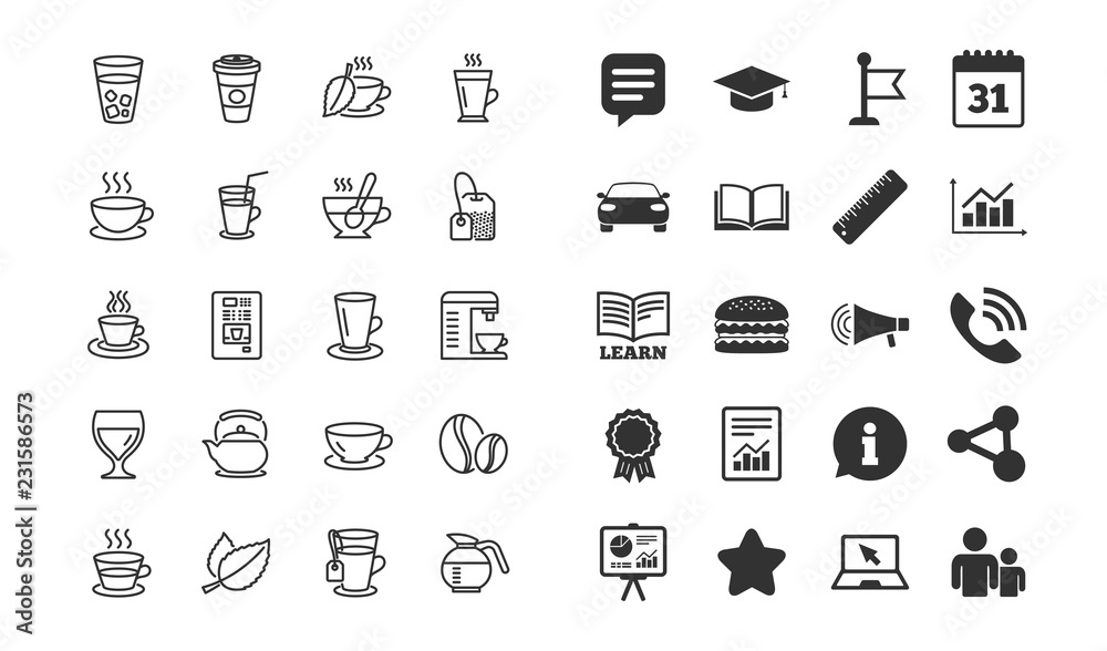 Coffee and Tea line icons. Set of Cappuccino, Juice with ice and Latte signs. Teapot, Coffeepot and Hot drink with Steam. Mint leaf, Herbal beverage and Vending symbols. Coffee tea vector Coffee and Tea line icons. Set of Cappuccino, Juice with ice and Latte signs. Teapot, Coffeepot and Hot drink with Steam. Mint leaf, Herbal beverage and Vending symbols. Coffee tea vector