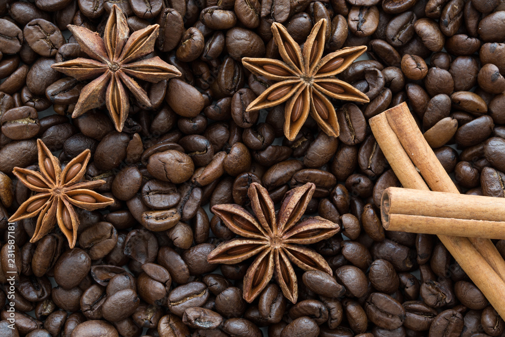 Fototapeta Anise stars and cinnamon sticks on coffee beans background.